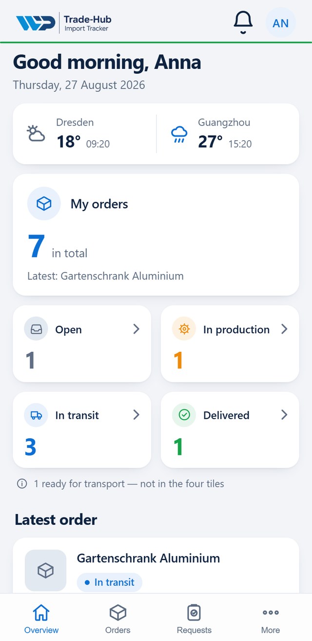 Trade-Hub app on iPhone: dashboard